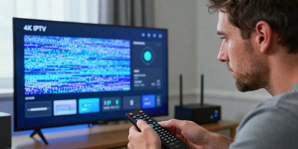 Une interface Android TV en 2026 affichant un streaming 4K fluide avec des indicateurs de performance en temps réel.